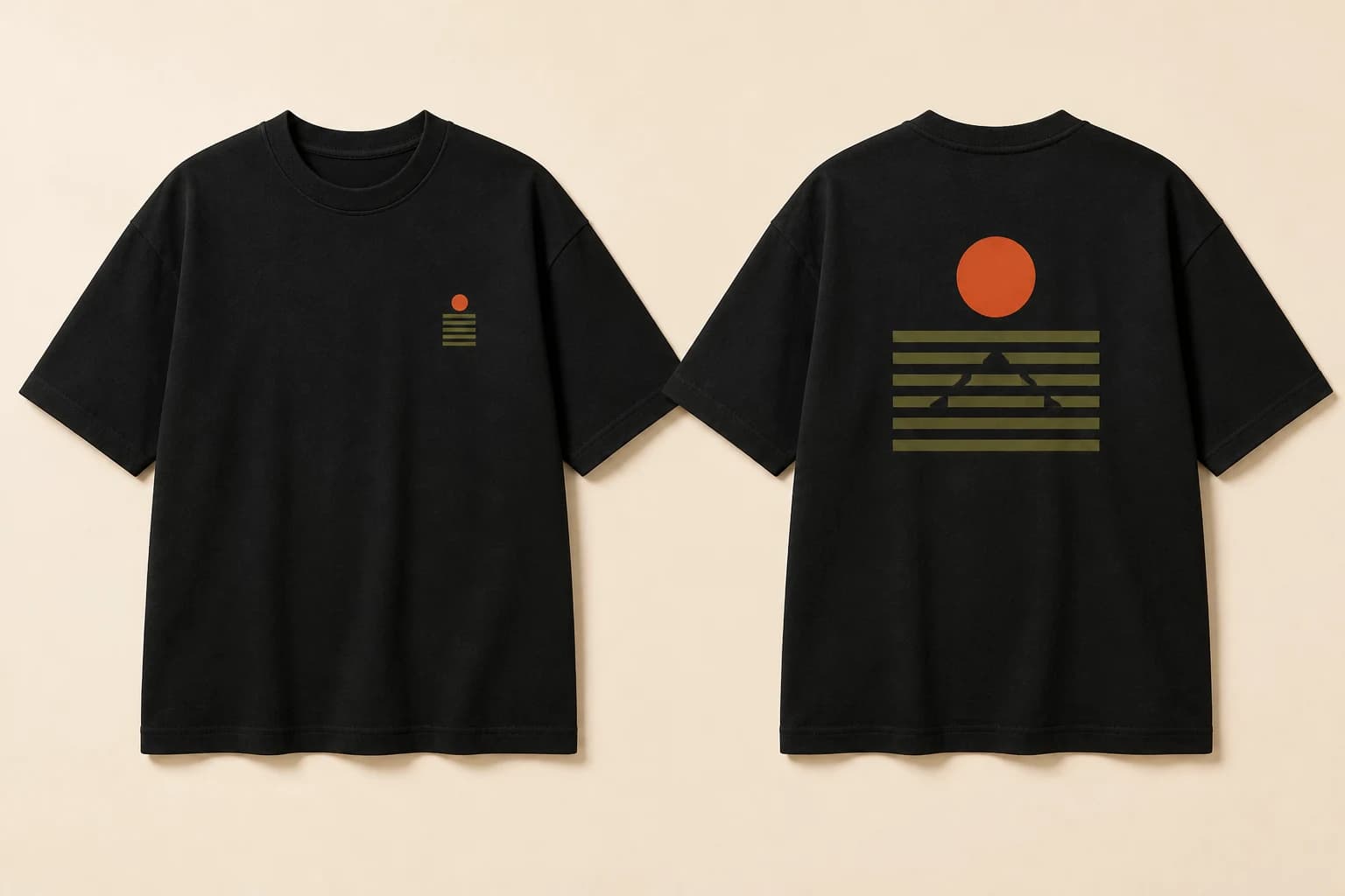 Front and back views of a black SlowBurn Box Tee with olive and ember graphics.