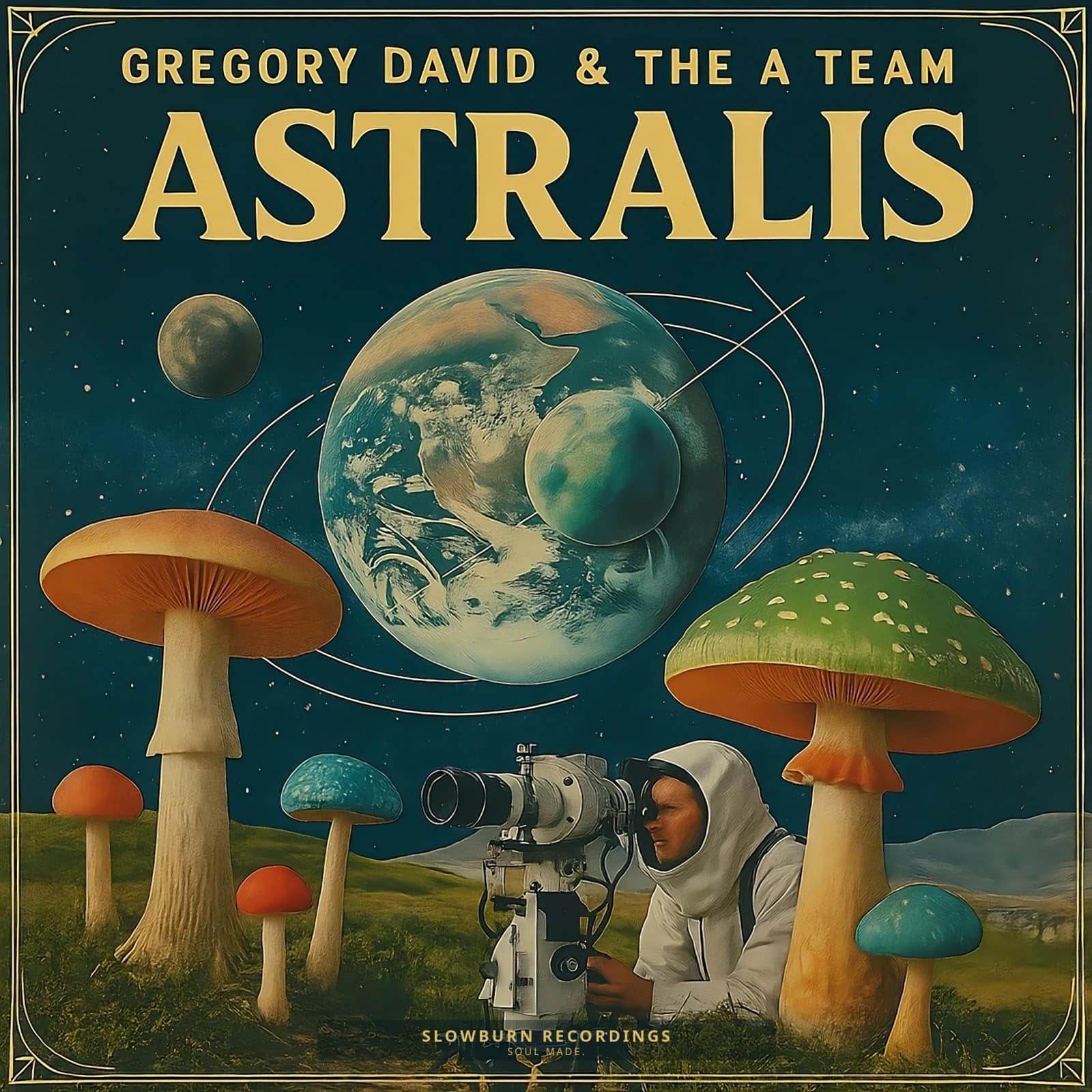 Astralis sleeve artwork showing Gregory David & The A Team above a hooded camera operator among planets and colorful mushrooms.