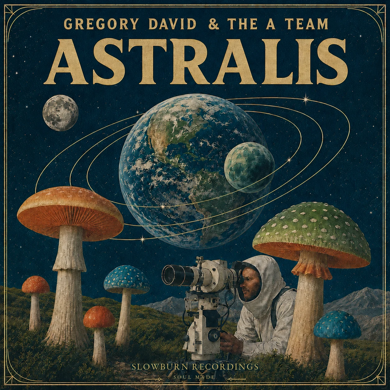 Astralis cover art showing Gregory David & The A Team above a hooded camera operator among planets and colorful mushrooms, framed by a gold border.